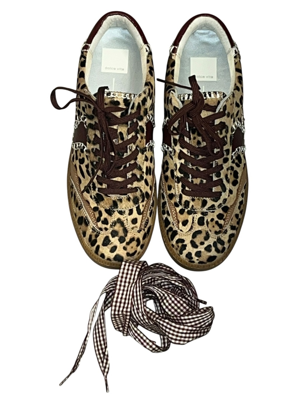Dolce Vita Leopard Print Sneakers with Dark burgundy Laces & checker board laces